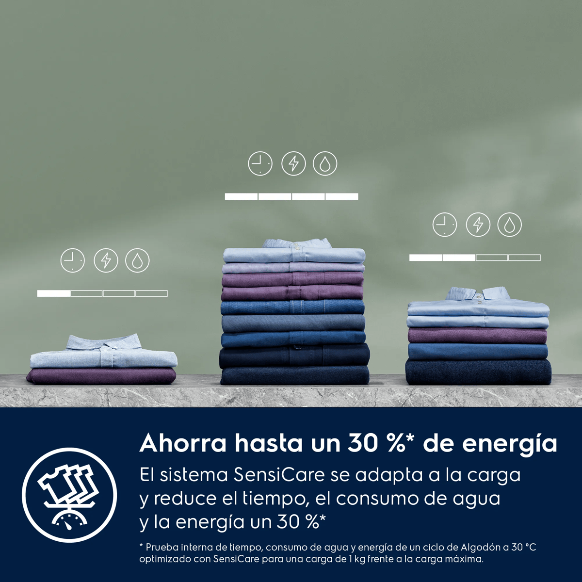 Tres pilas de ropa doblada en un estante, con iconos de ahorro y texto en español abajo.