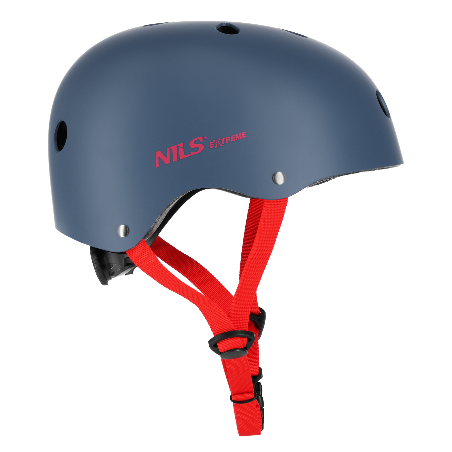 Niebieski matowy kask sportowy z czerwonymi paskami i logo NILS EXTREME z boku, widoczny z boku.