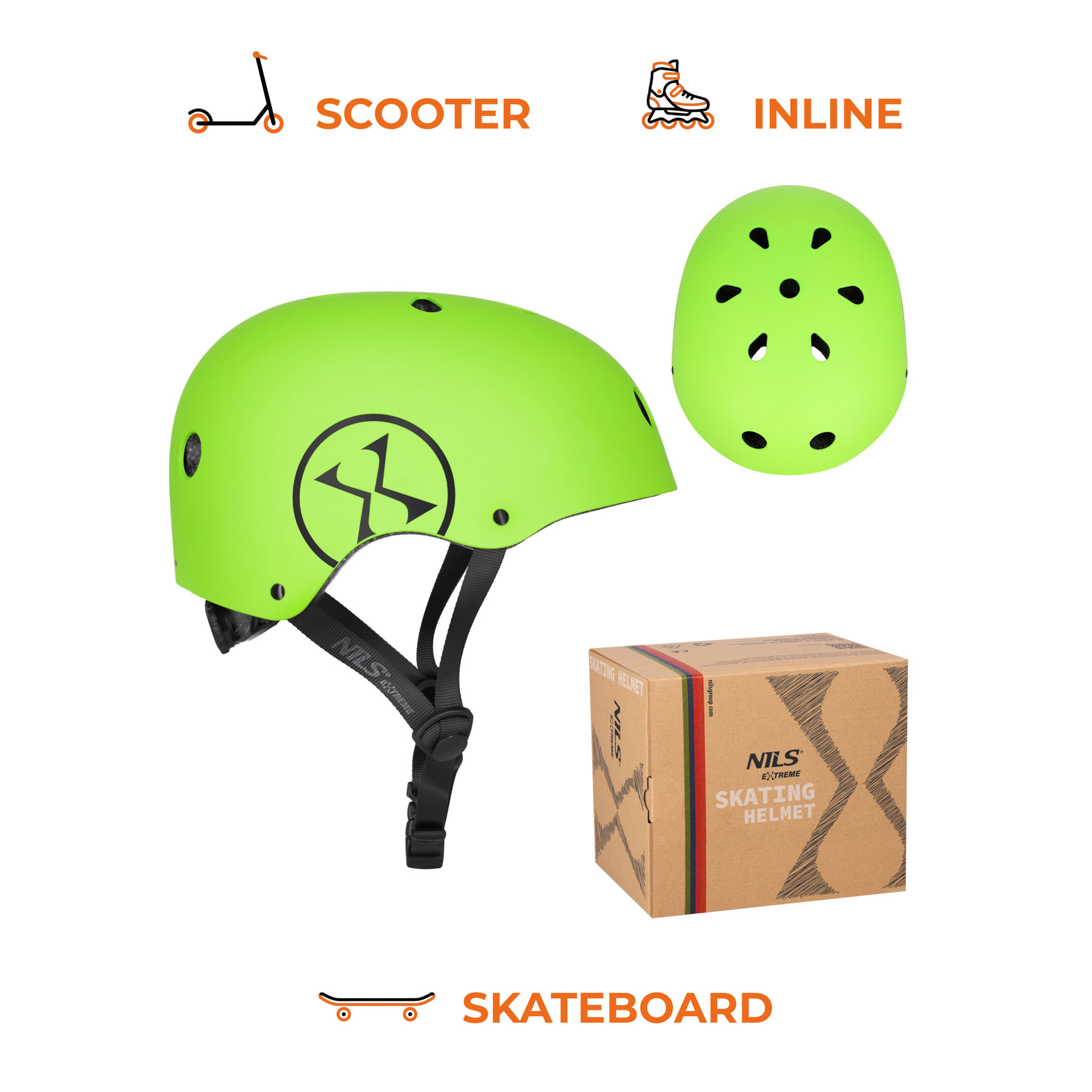 Neonozielony kask rolkarski Nils Extreme z opakowaniem oraz symbolami hulajnogi, rolek i deskorolki.