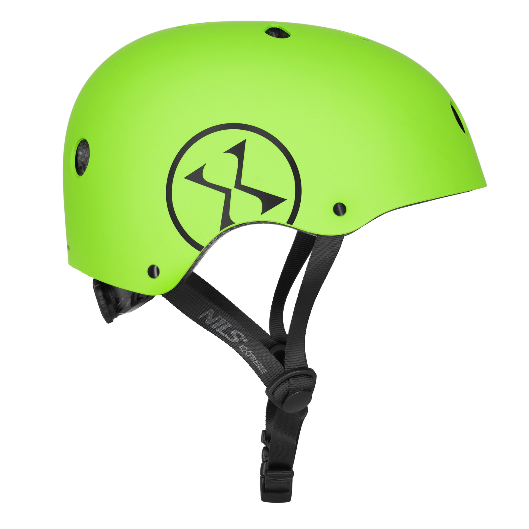 Jaskrawozielony kask sportowy z czarnym logo i paskami na białym tle.