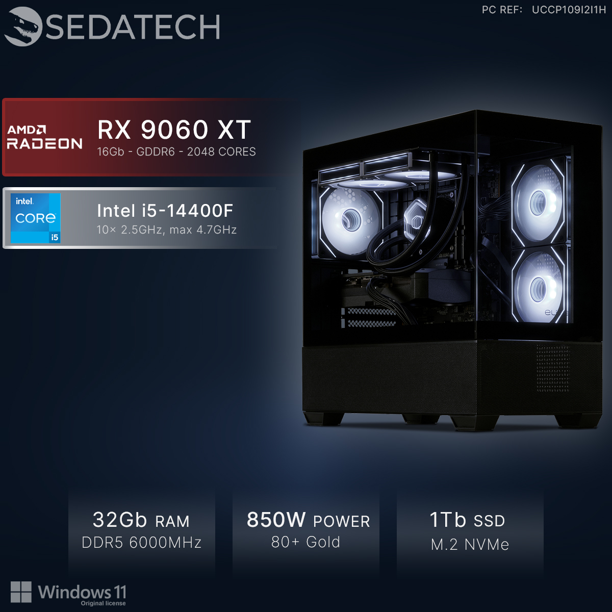 Sedatech PC mit Intel i5, AMD Radeon RX 9060 XT, 32GB RAM, 850W Netzteil, 1TB SSD und weißen Lüftern.