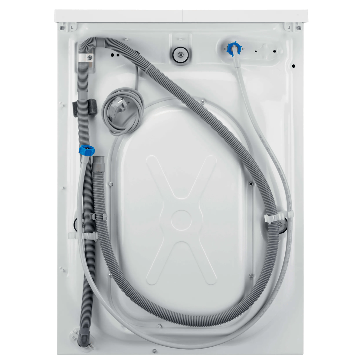 Parte trasera de una lavadora blanca con mangueras y cable de alimentación.
