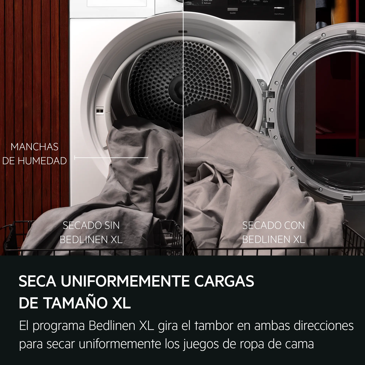 Comparación del secado de ropa con y sin el programa Bedlinen XL.