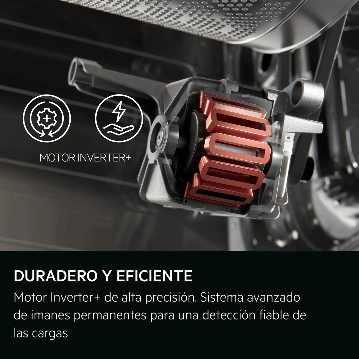 Diagrama de un Motor Inverter+ con bobinas de cobre e iconos de durabilidad y eficiencia.