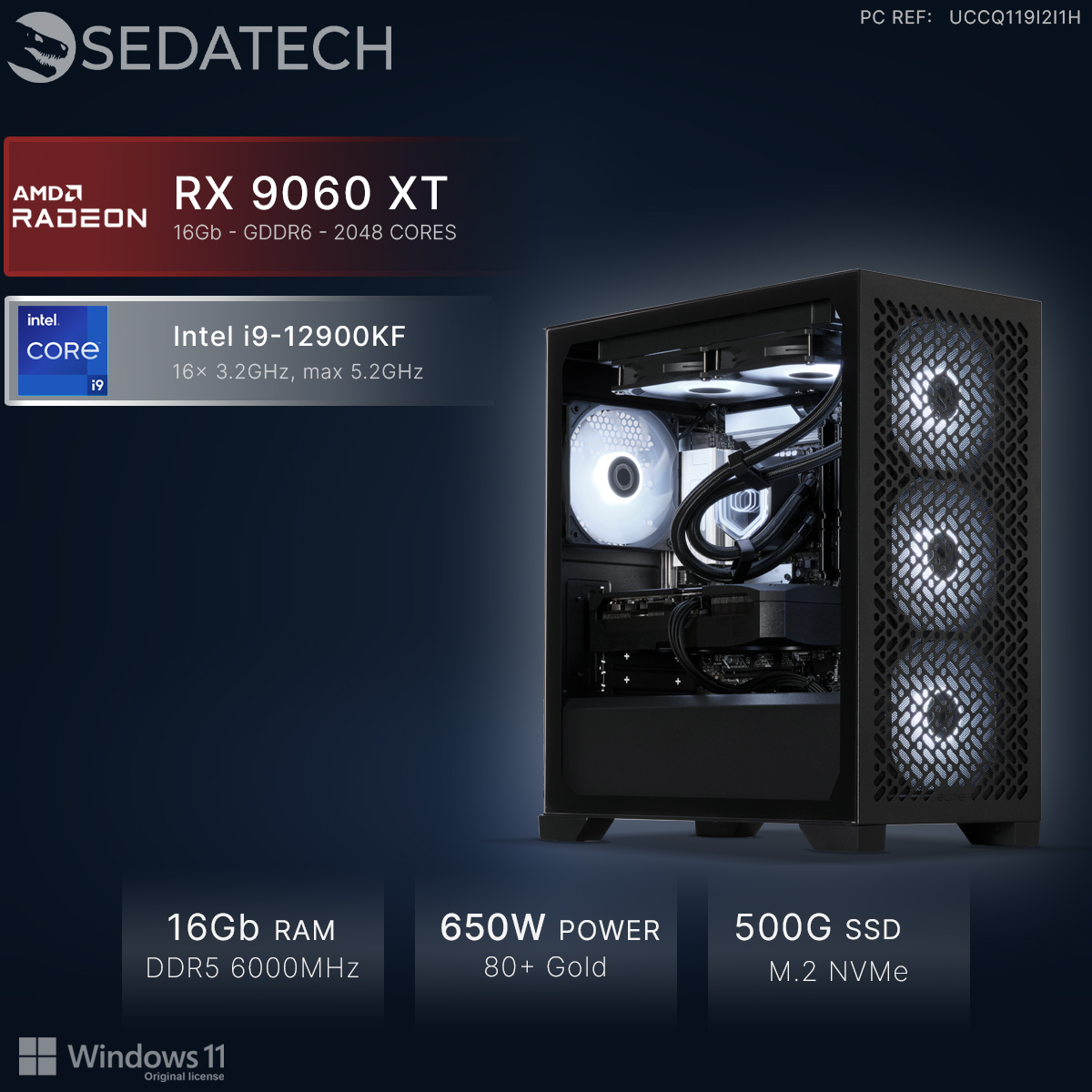 Sedatech PC mit Intel i9, RX 9060 XT, 16GB RAM, 500GB SSD und schwarzem Gehäuse vor dunklem Hintergrund.