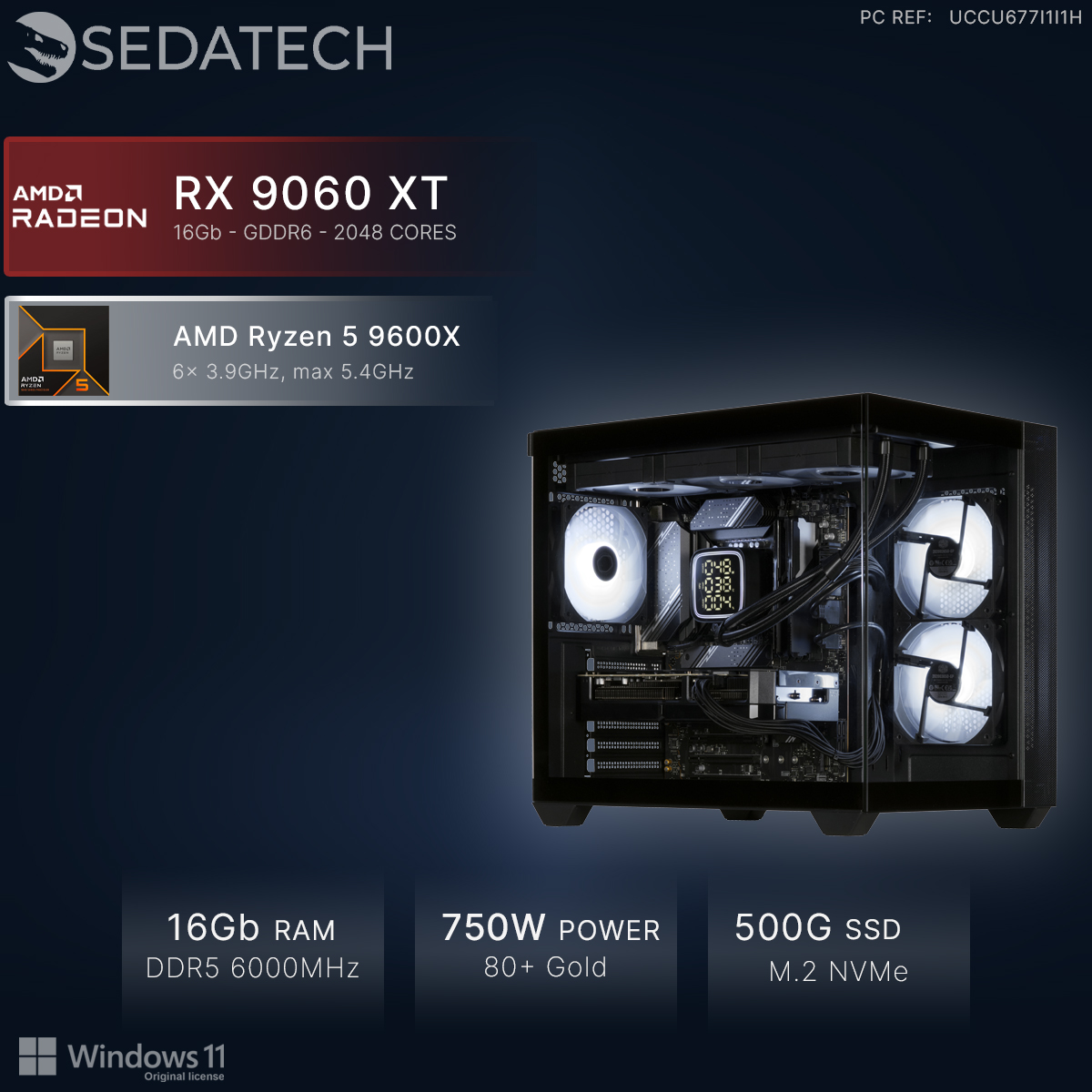 Sedatech PC mit AMD Ryzen 5, RX 9060 XT, 16GB RAM, 750W Netzteil, 500GB SSD und Windows 11.