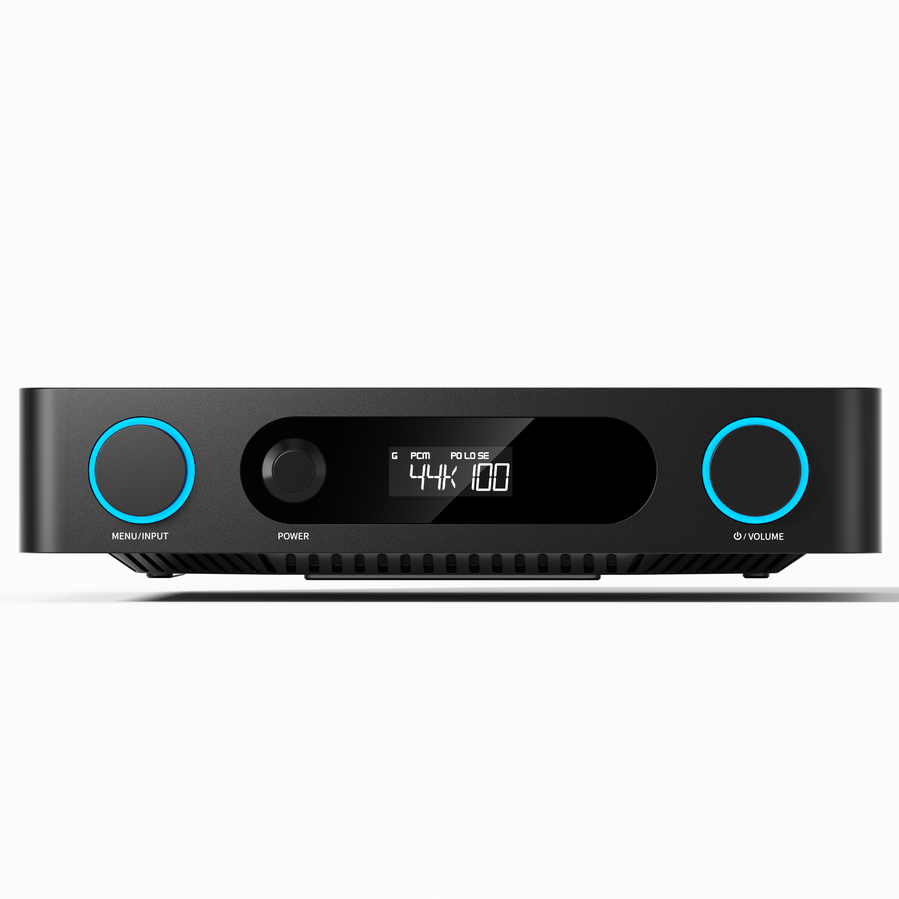Czarne urzadzenie audio z cyfrowym wyswietlaczem, niebieskimi swiecacymi pierscieniami i bialym tlem.