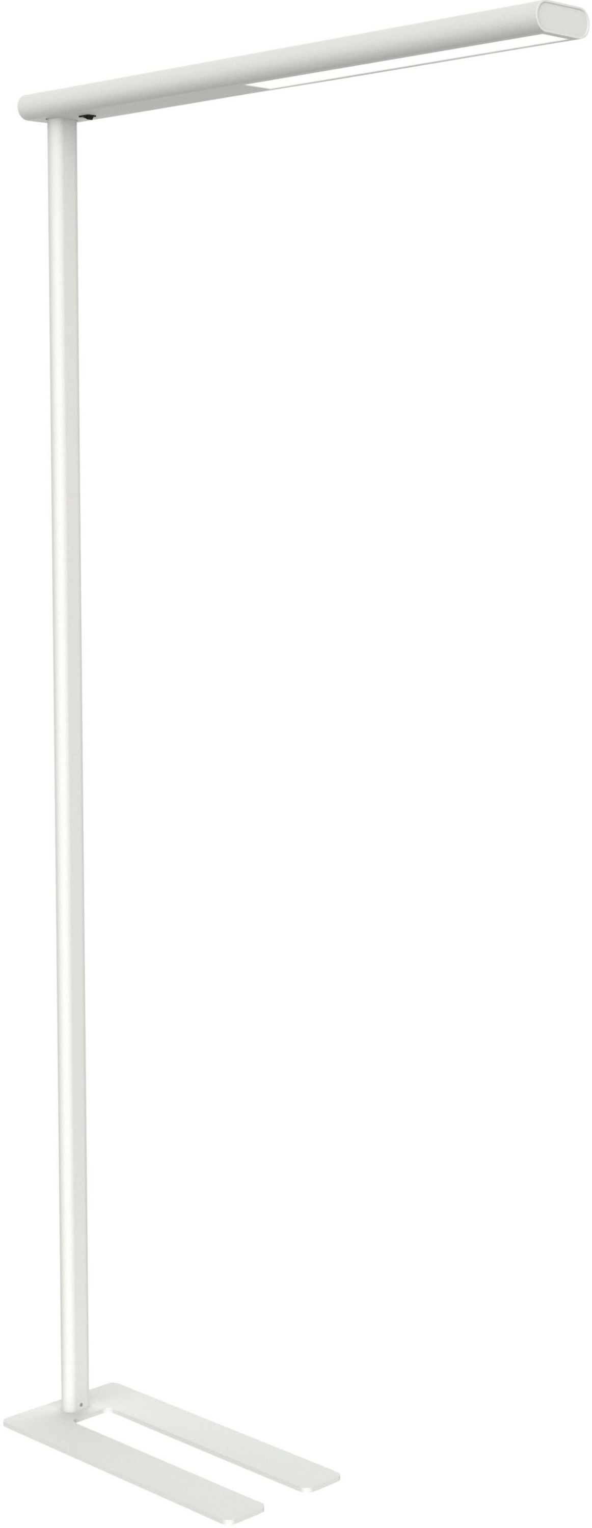 Una lámpara de pie blanca y elegante con cabezal rectangular y base plana sobre fondo blanco.