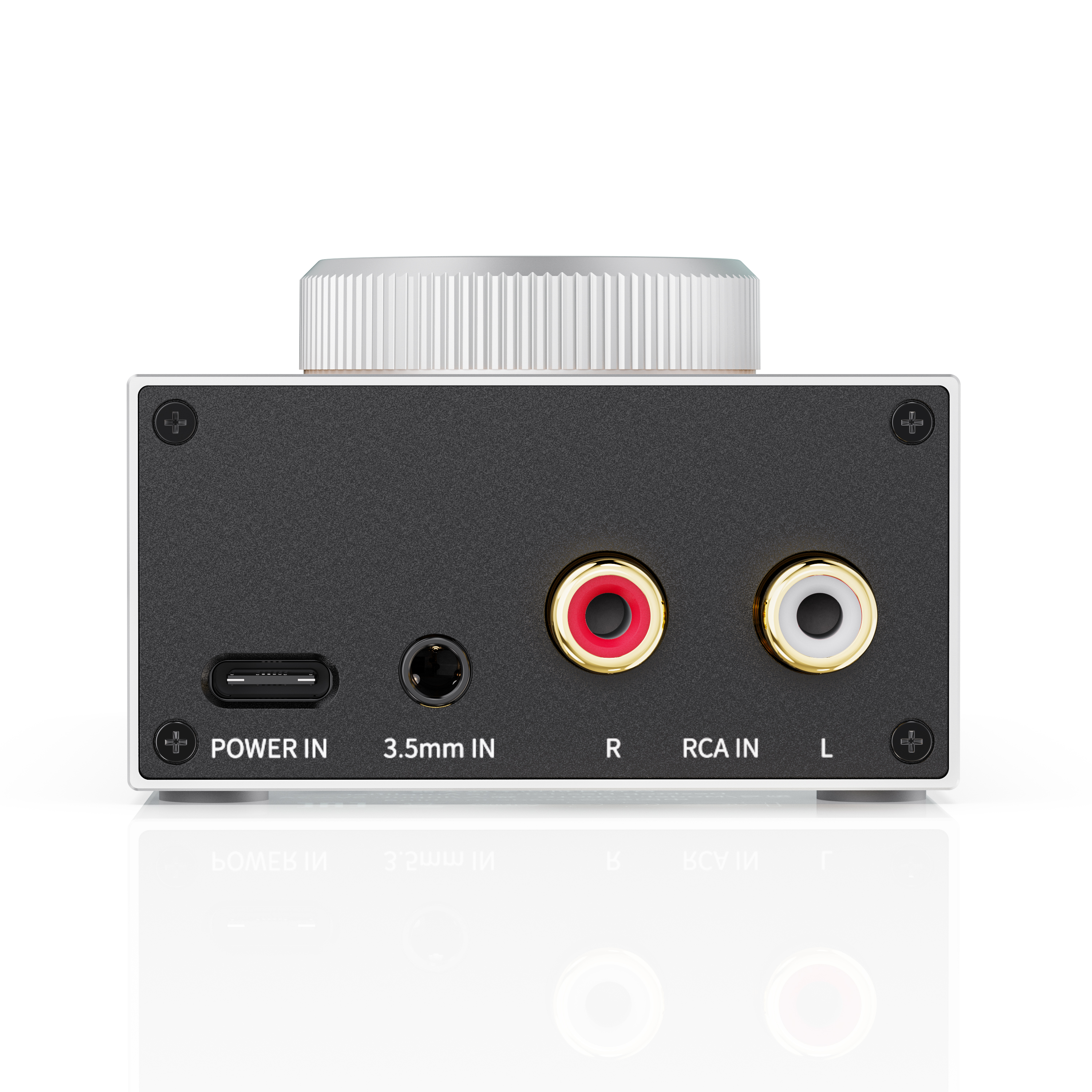 Tylny panel urządzenia audio z wejściem zasilania, 3,5 mm i RCA oraz pokrętłem głośności.