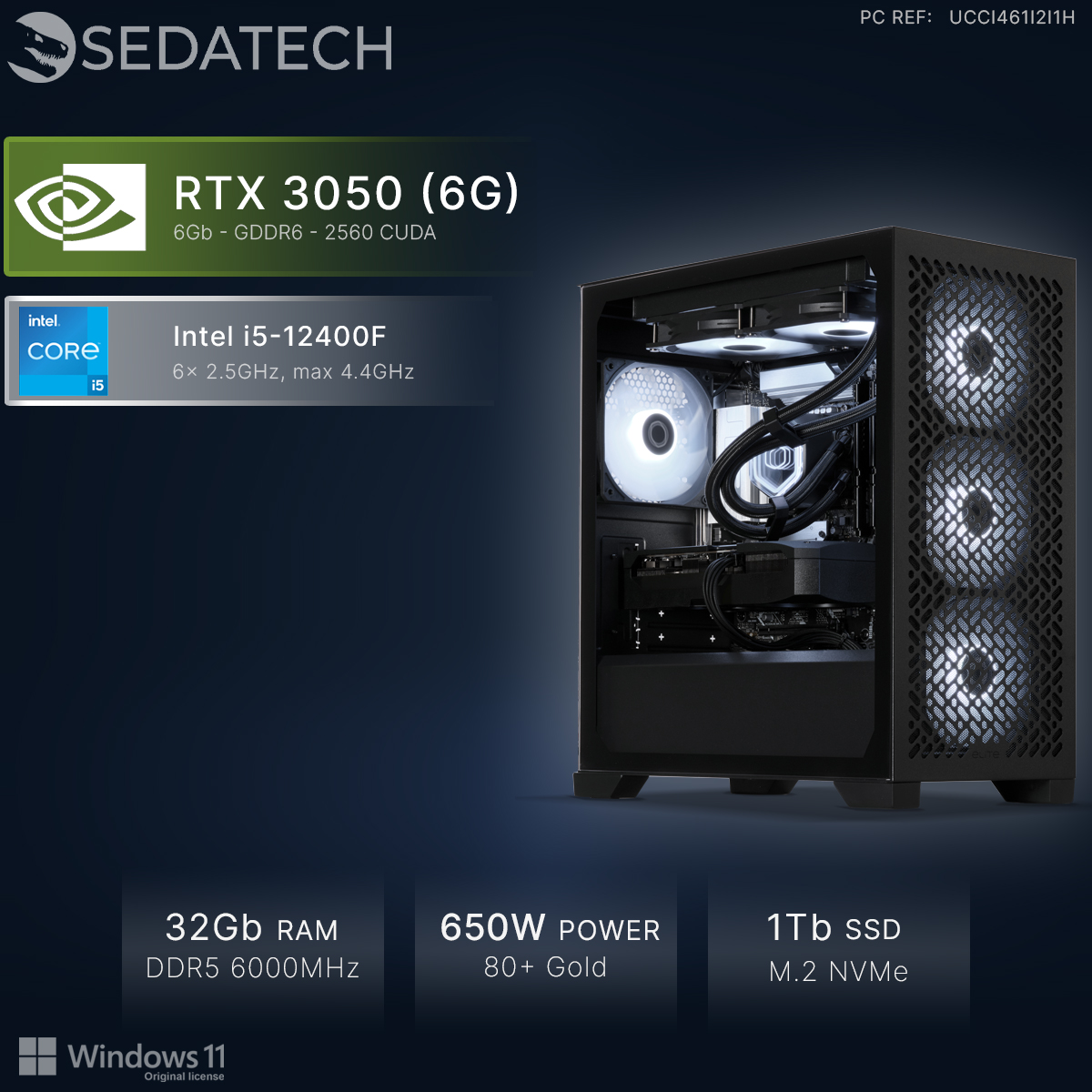 Sedatech PC mit Intel i5-12400F, RTX 3050, 32GB RAM, 1TB SSD, Windows 11 und schwarzem Gehäuse.