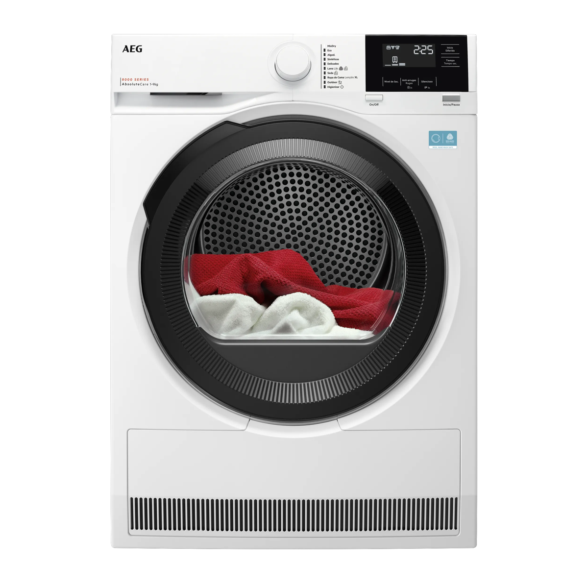 Secadora blanca AEG con puerta negra y ropa roja y blanca en su interior.