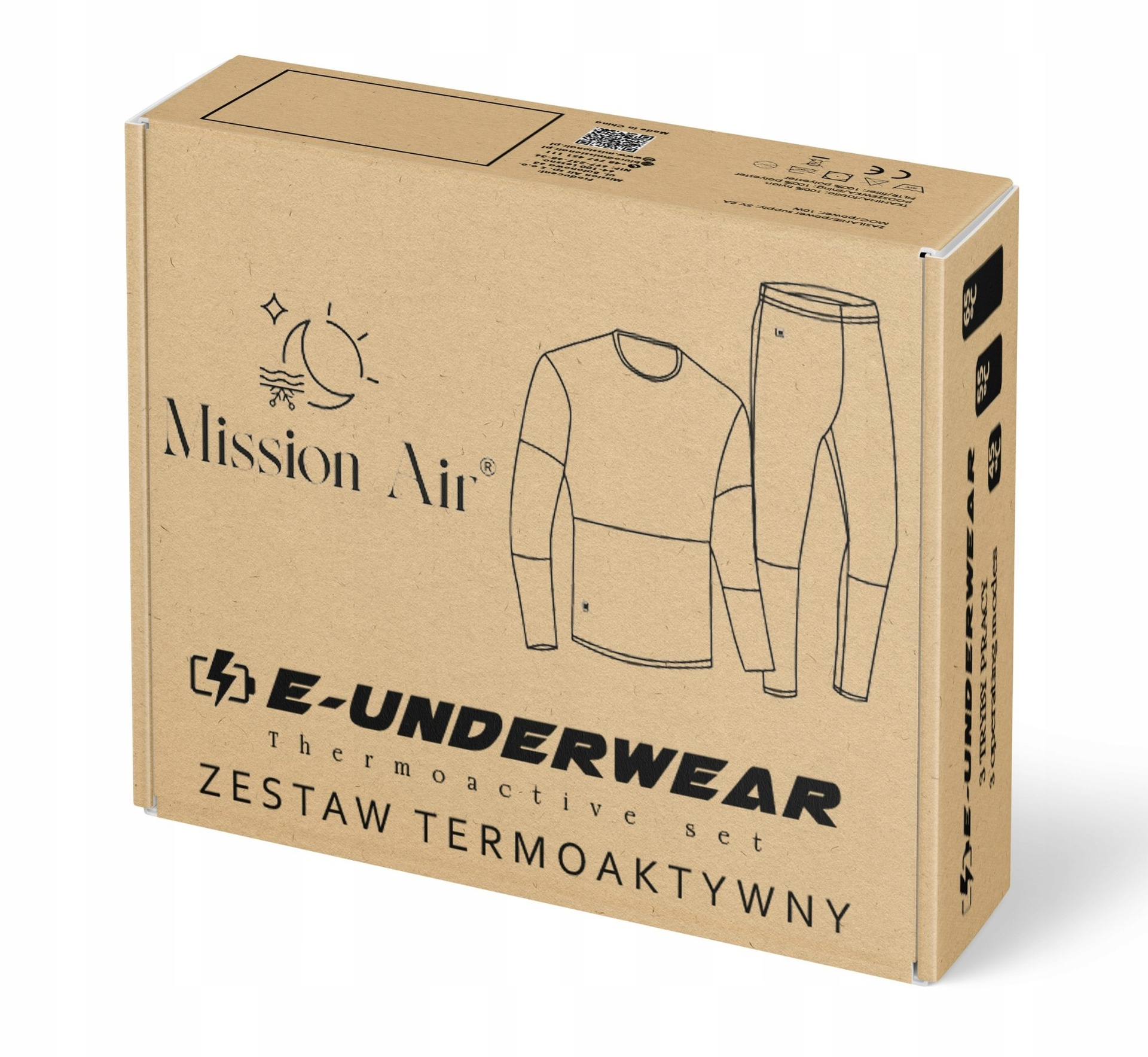 Brązowe kartonowe pudełko z rysunkiem bielizny termicznej i napisem Mission Air E-Underwear.