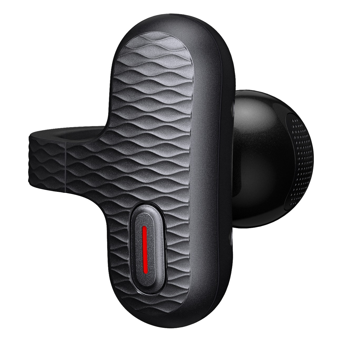 Ein schwarzes Bluetooth-Headset mit wellenförmiger Front und einer ovalen Taste mit rotem Akzent.