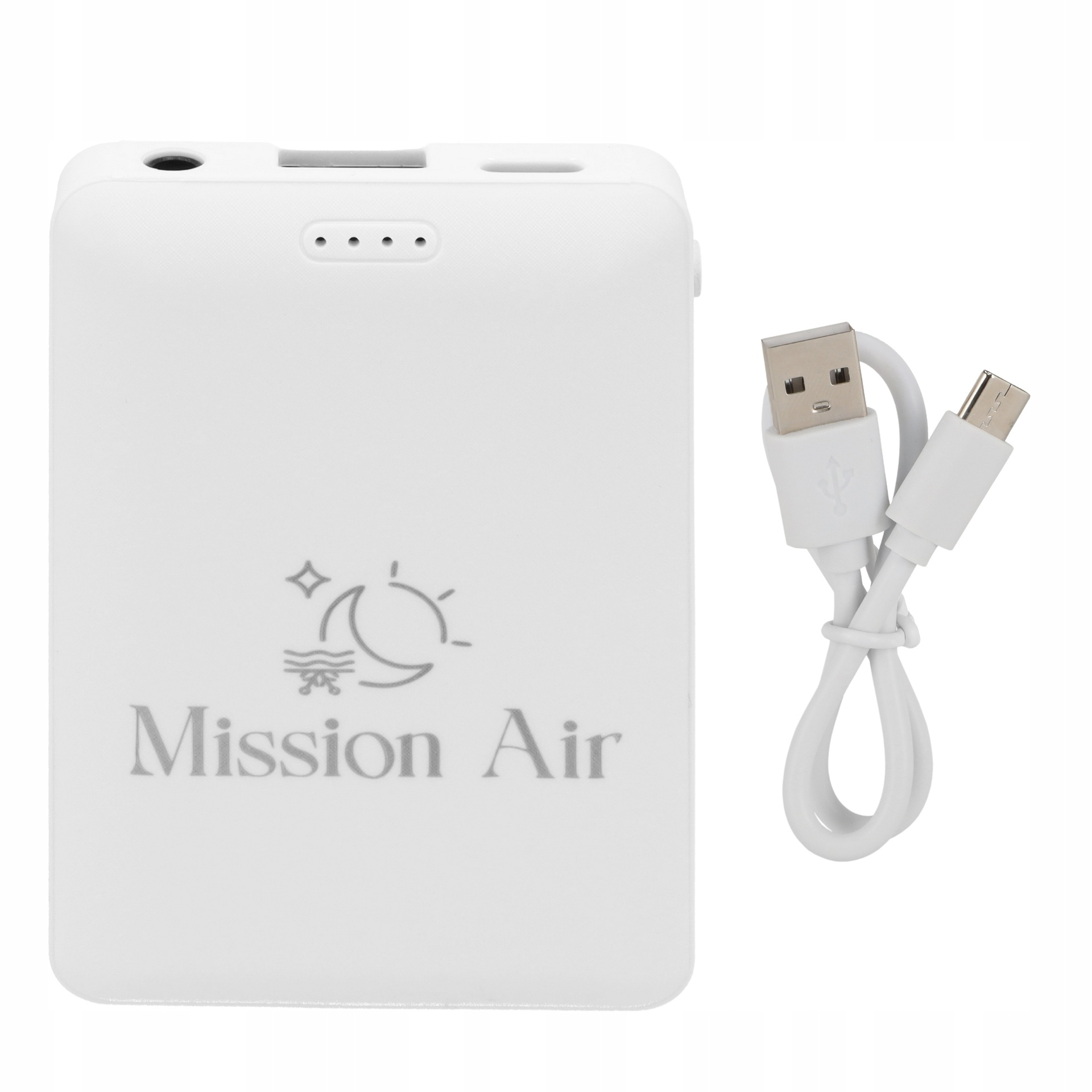 Biały powerbank z logo Mission Air i kablem ładującym na białym tle.