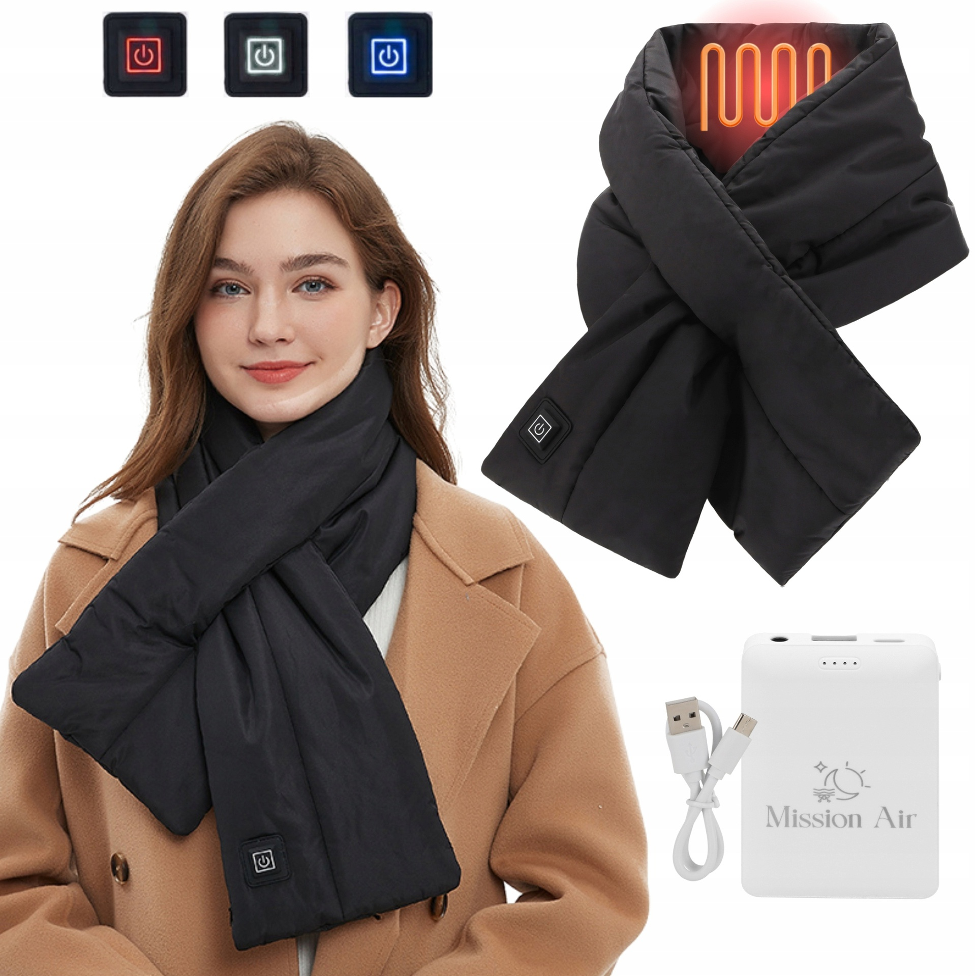Kobieta w czarnym szaliku podgrzewanym i brązowym płaszczu, z powerbankiem i wskaźnikami.