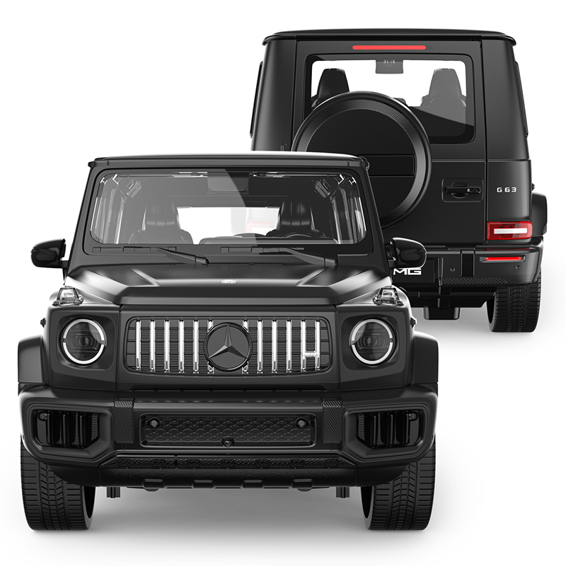 Dwa czarne SUV-y Mercedes G 63, jeden z przodu, drugi z tyłu, na białym tle.