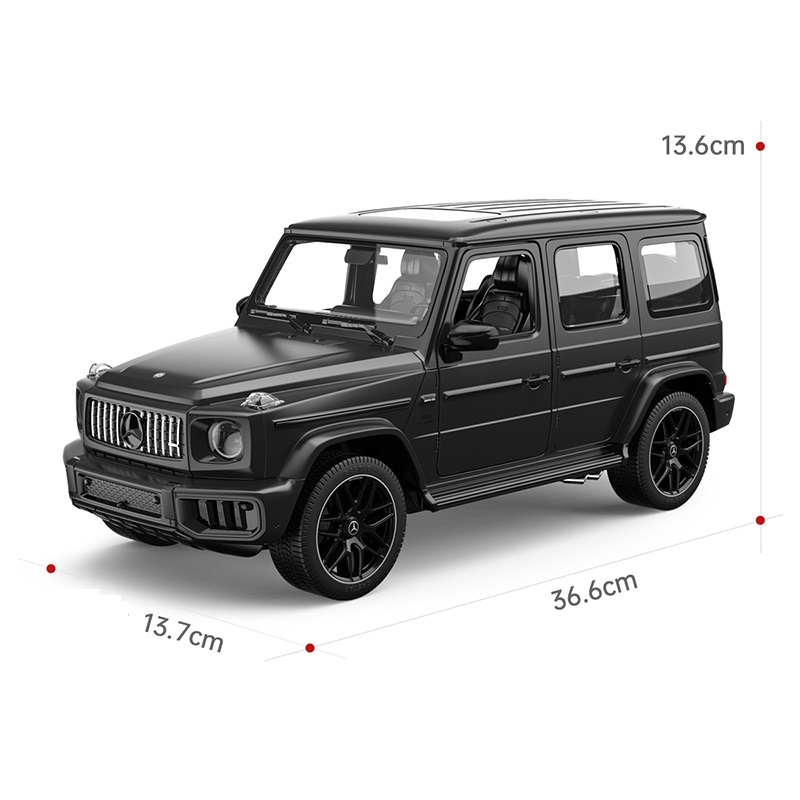 Czarny samochodzik Mercedes-Benz klasy G z czerwonymi liniami wymiarowymi 36,6 cm, 13,7 cm i 13,6 cm na białym tle.