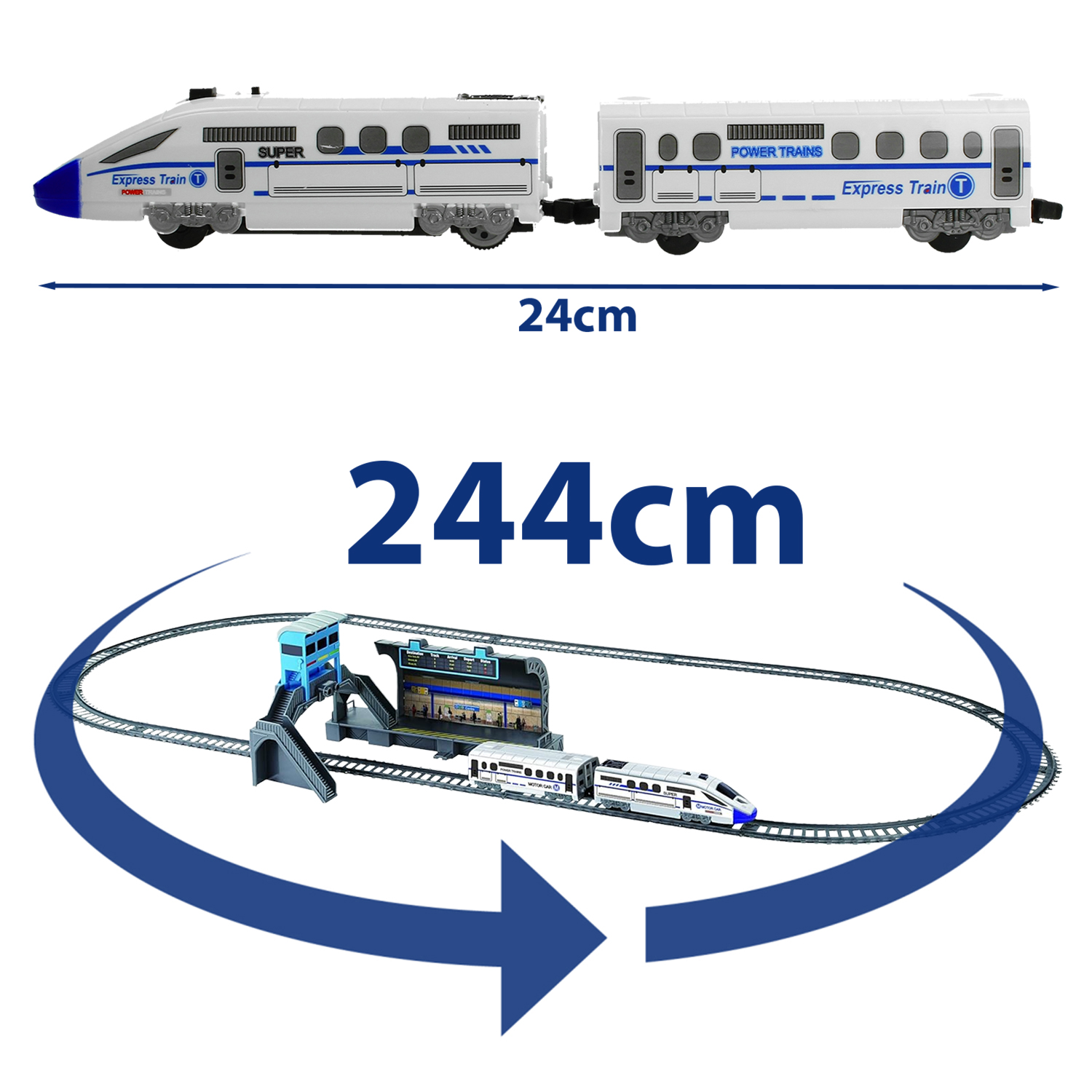 Zestaw z pociągiem o długości 24 cm i torem o długości 244 cm.
