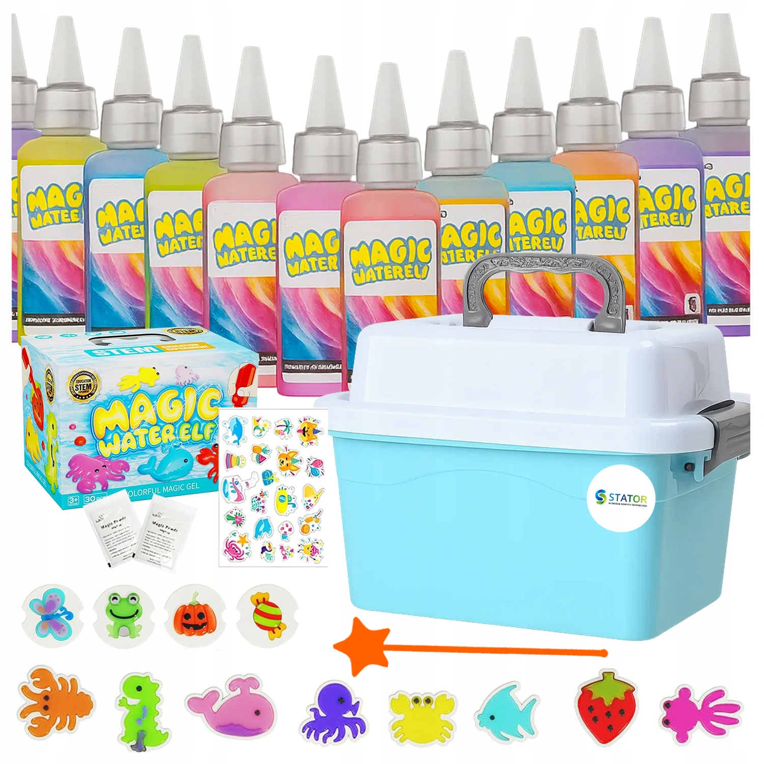 Zestaw zabawek Magic Water Elf z kolorowymi butelkami żelu, foremkami, naklejkami i pudełkiem.