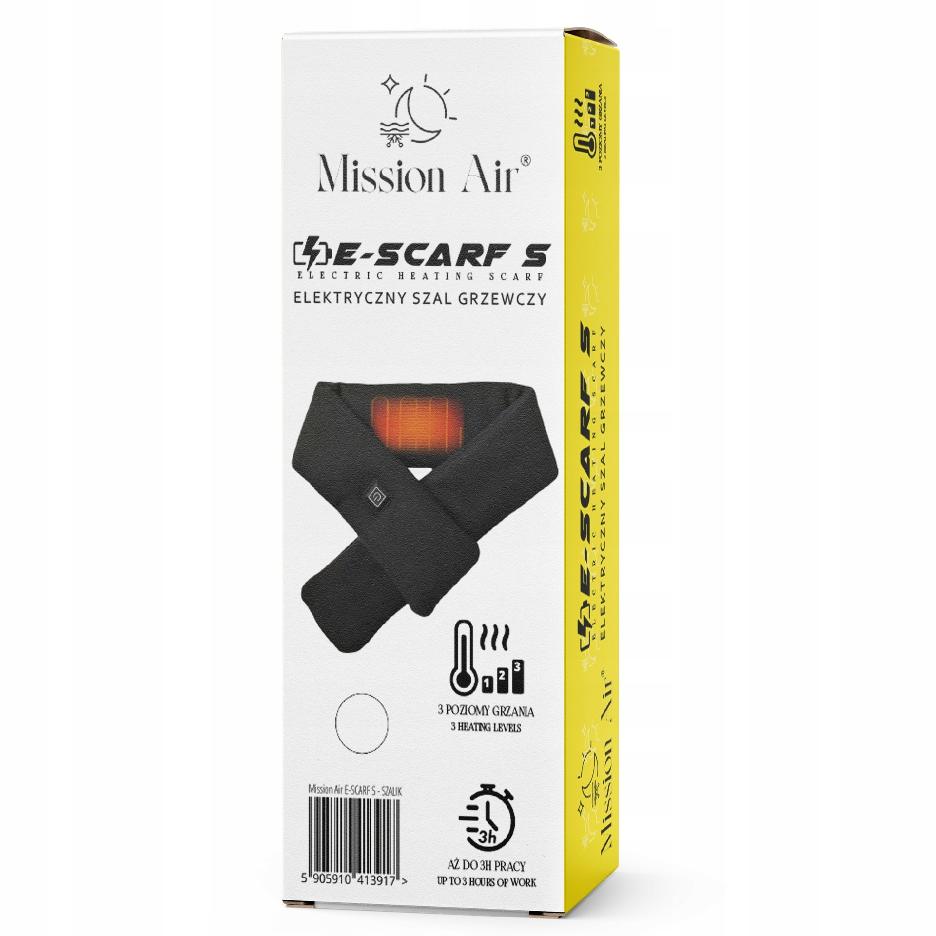 Biało-żółte pudełko produktu Mission Air E-Scarf S z czarnym szalikiem grzewczym.