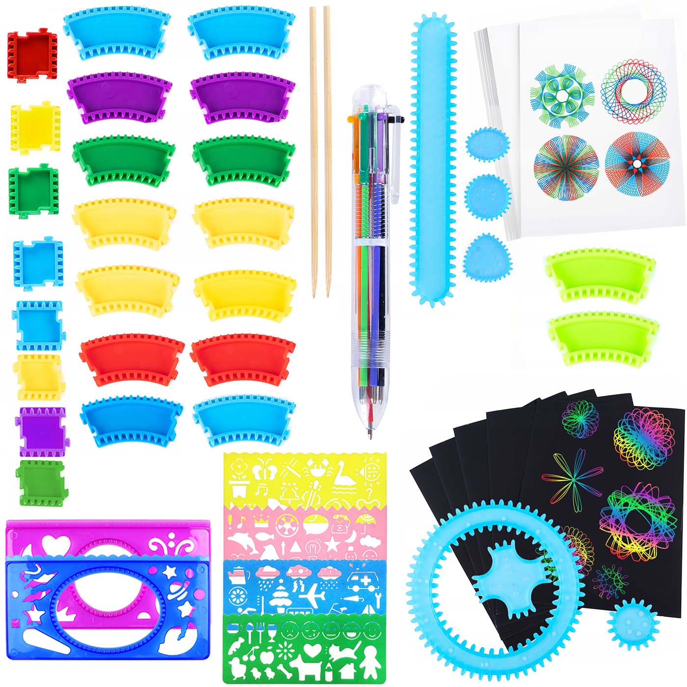 Zestaw artystyczny Spirograph z kolorowymi plastikowymi zębatkami, szablonami i papierem.