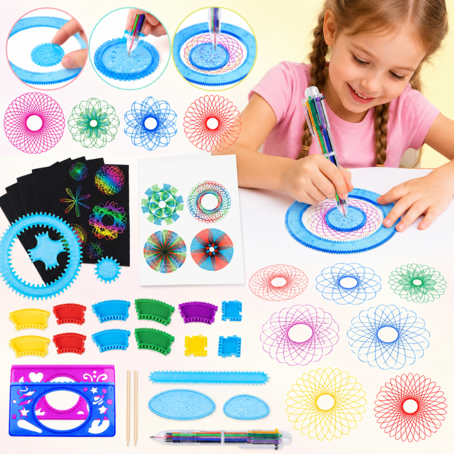 Dziewczynka tworzy kolorowe spirale geometryczne, używając niebieskiego zestawu zębatek i pisaka.