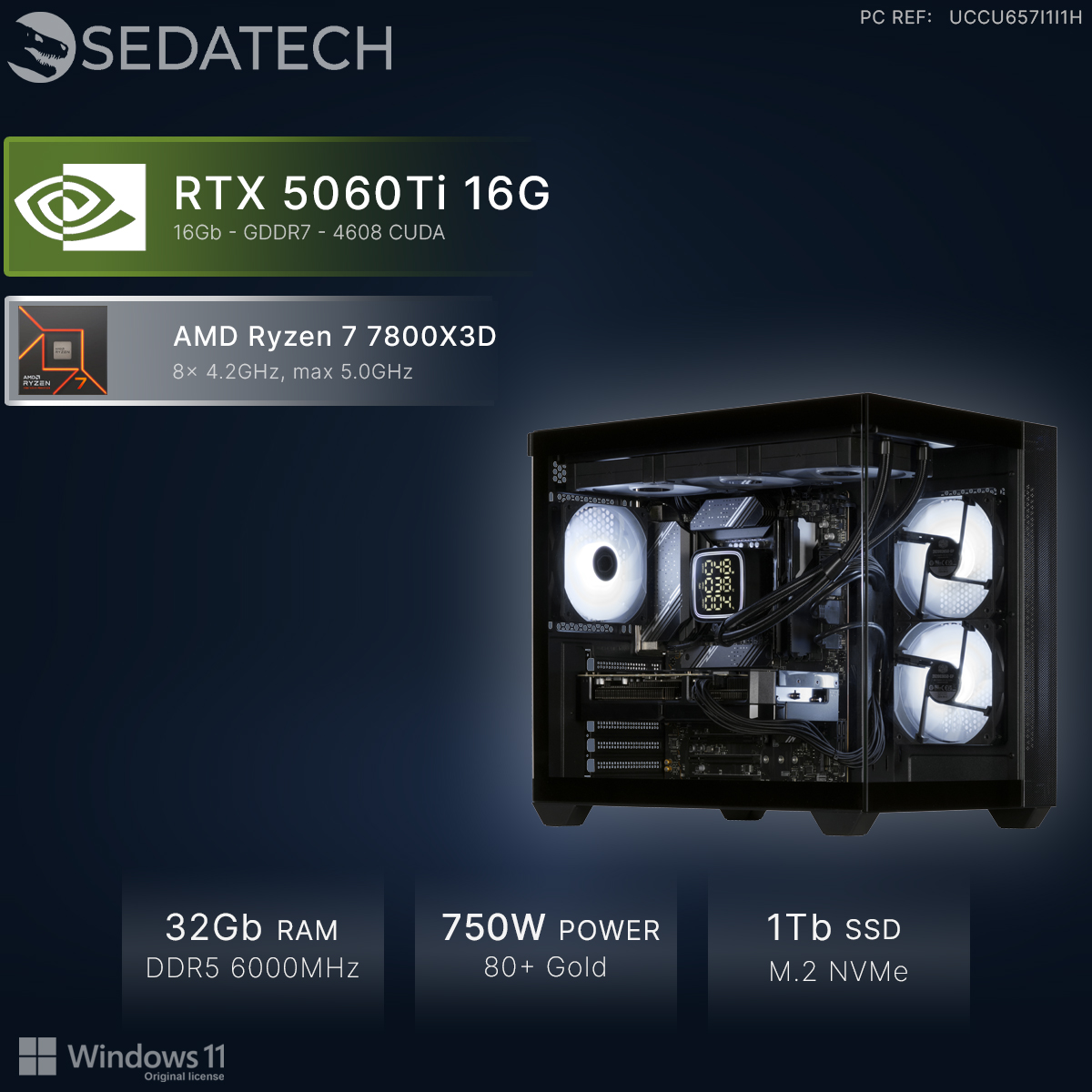 Sedatech PC mit RTX 5060Ti, Ryzen 7 7800X3D, 32GB RAM, 750W Netzteil und 1TB SSD vor dunklem Hintergrund.