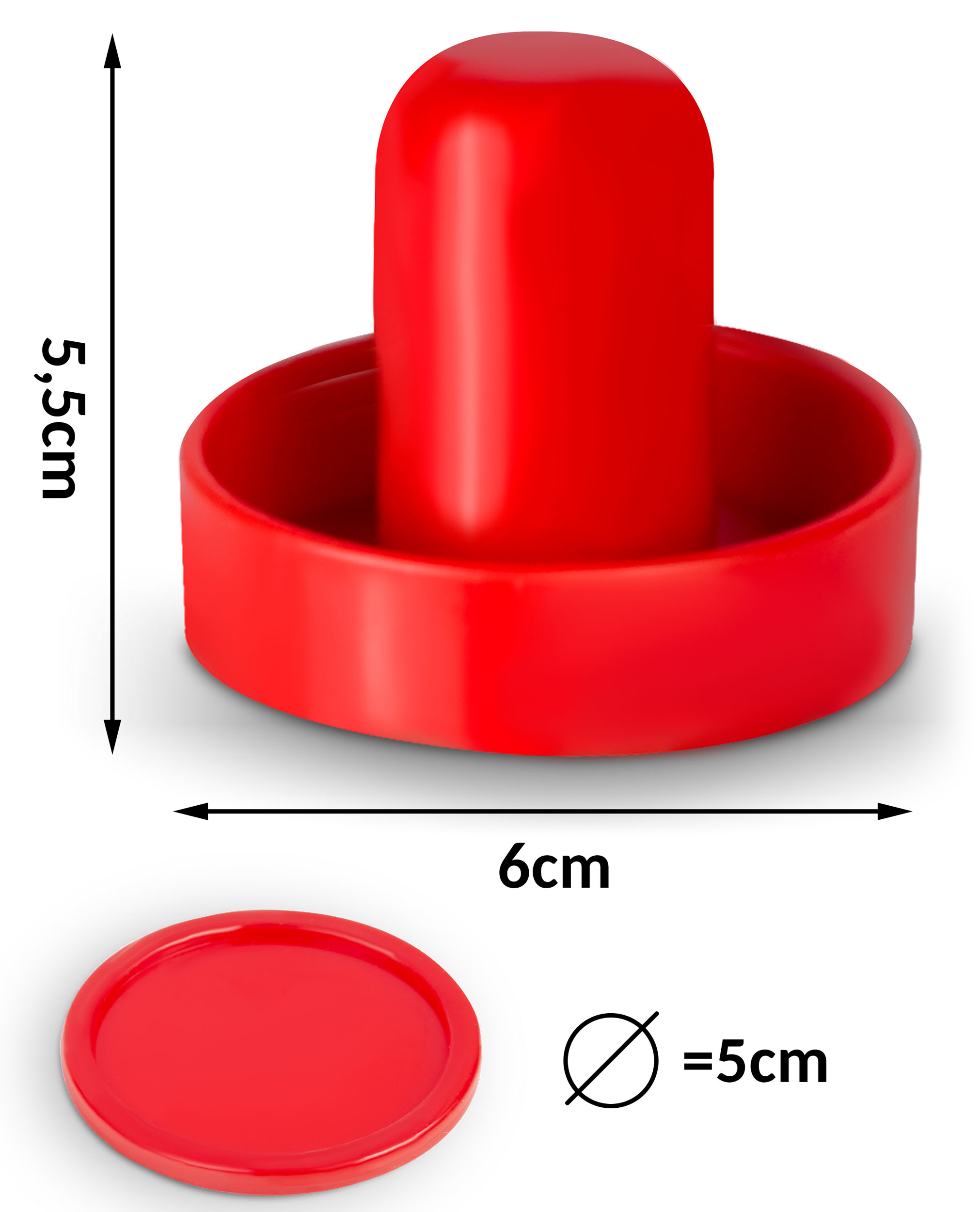 Czerwony młoteczek do hokeja powietrznego o średnicy 6 cm i wysokości 5,5 cm oraz osobny krążek o średnicy 5 cm.