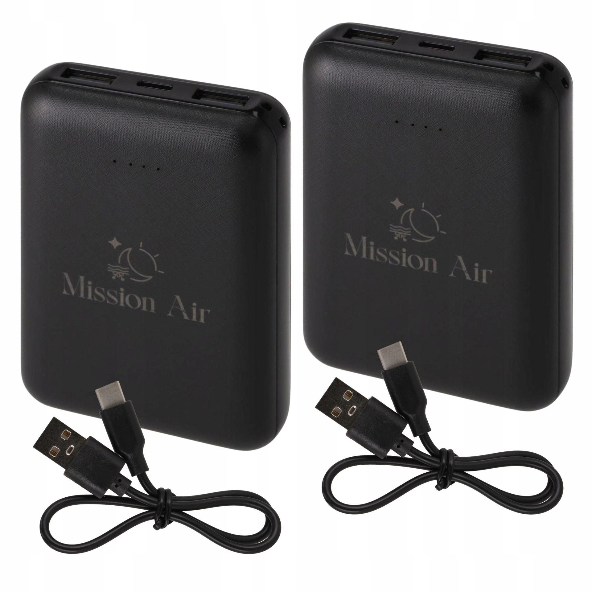 Dwa czarne powerbanki Mission Air z kablami USB na białym tle.