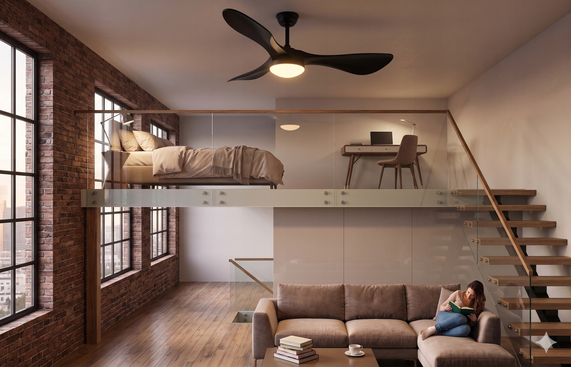 Nowoczesny loft z ceglaną ścianą, drewnianymi podłogami, sypialnią na antresoli, biurkiem i kobietą czytającą na kanapie.