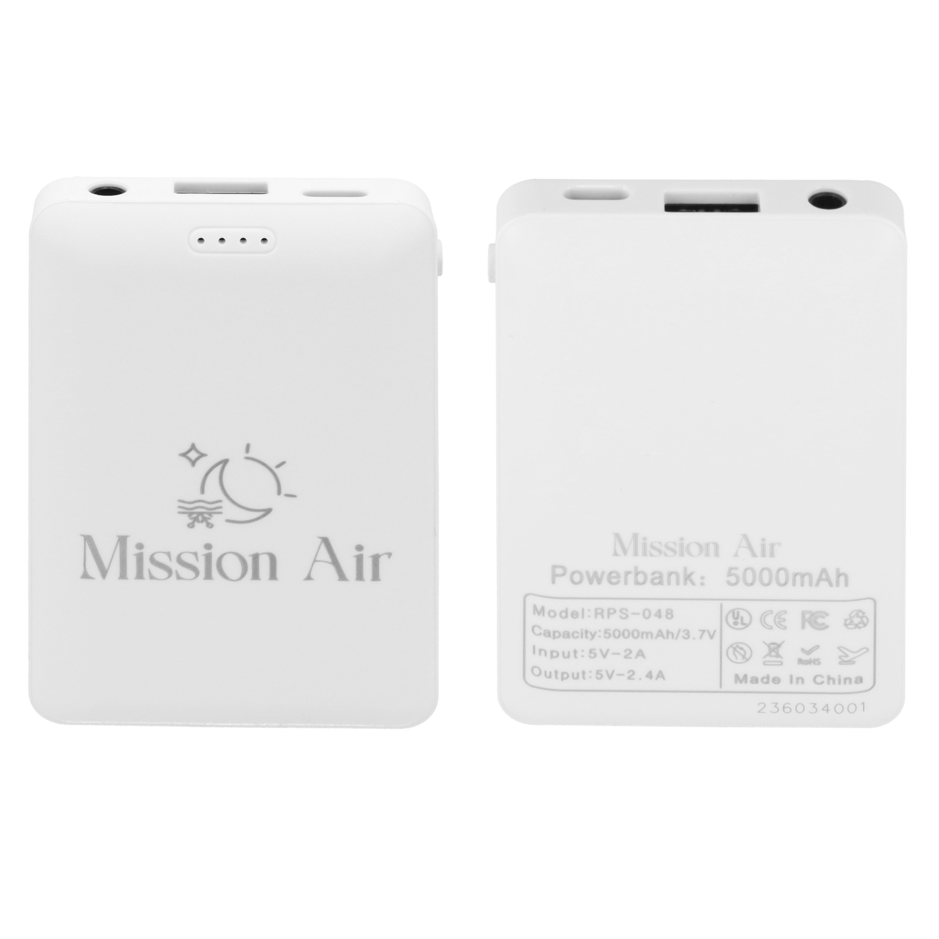 Dwa widoki białego powerbanku Mission Air o pojemności 5000mAh z portami na górze.