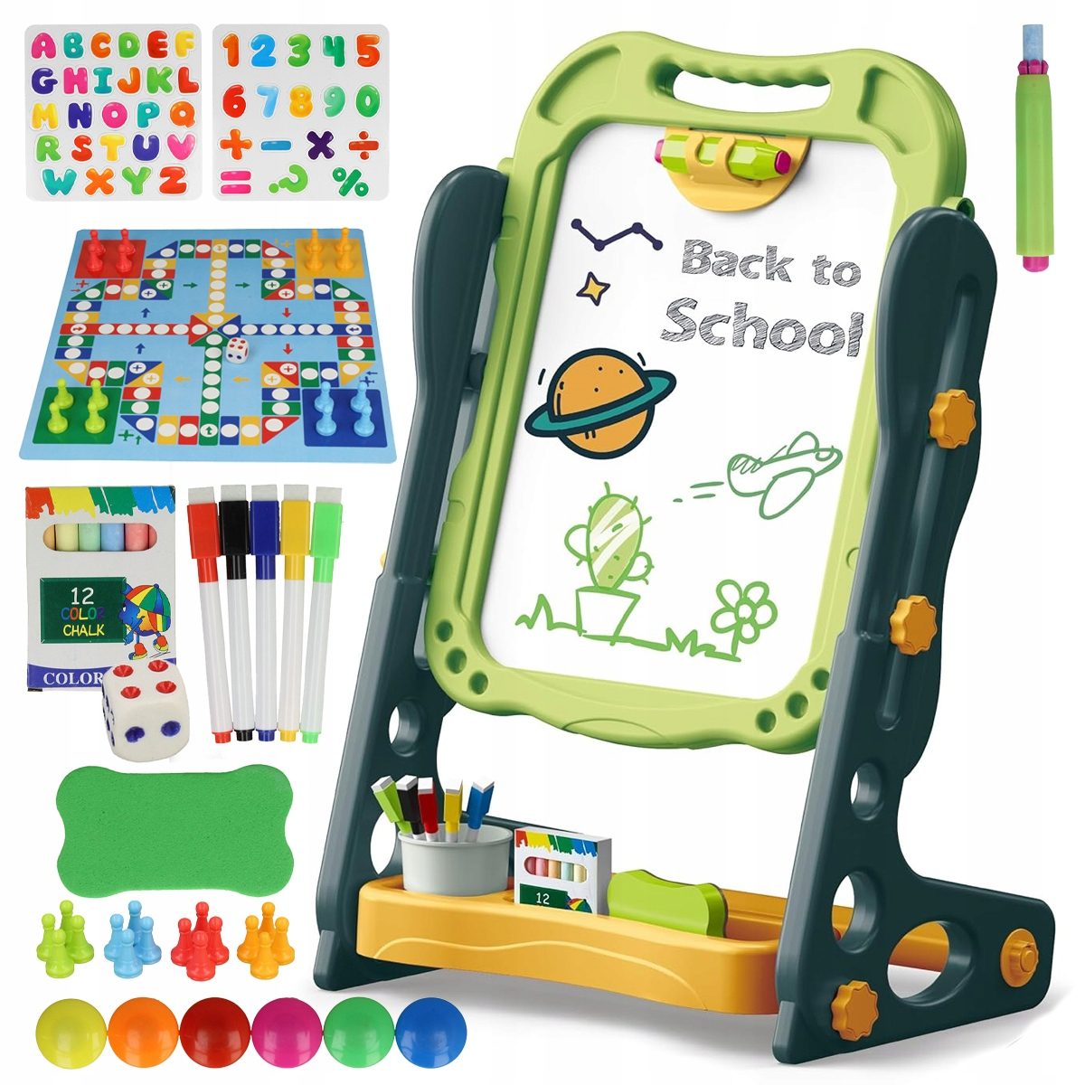 Zielony edukacyjny zestaw tablicowy z mazakami, kreda, magnesami i gra planszowa.