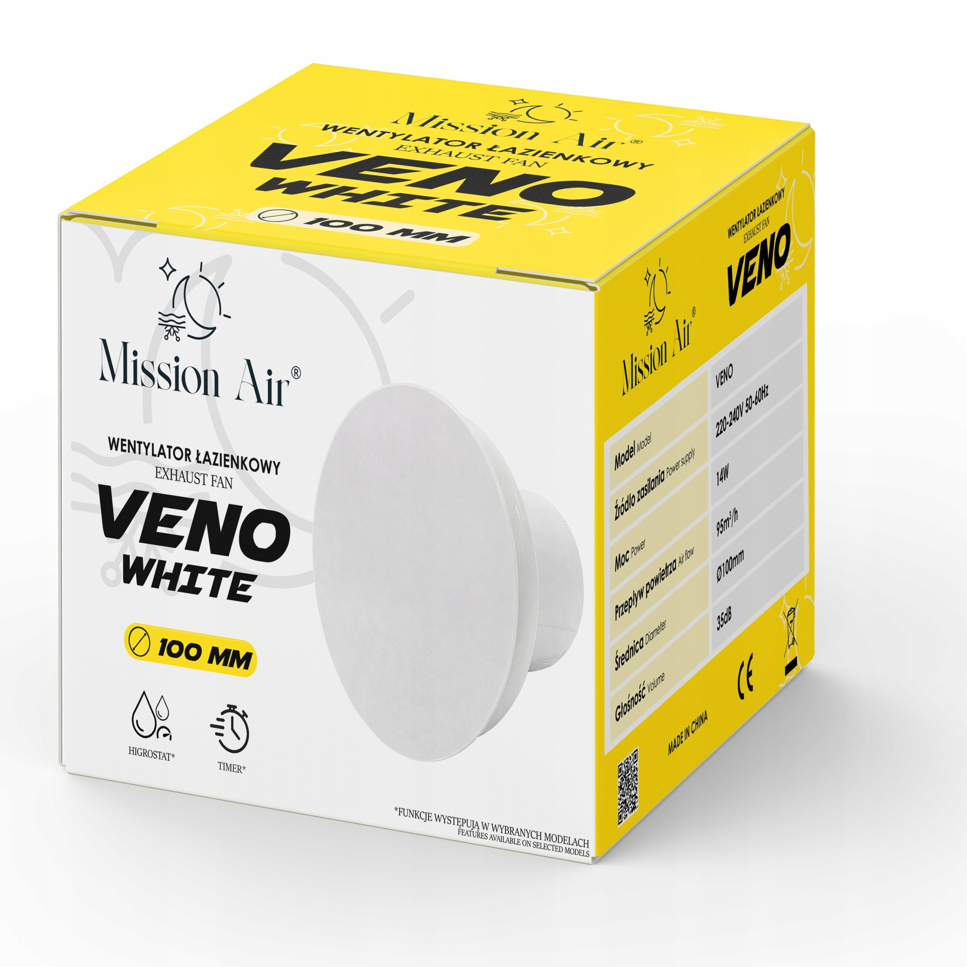 Żółto-białe pudełko wentylatora łazienkowego Mission Air Veno White z danymi technicznymi.
