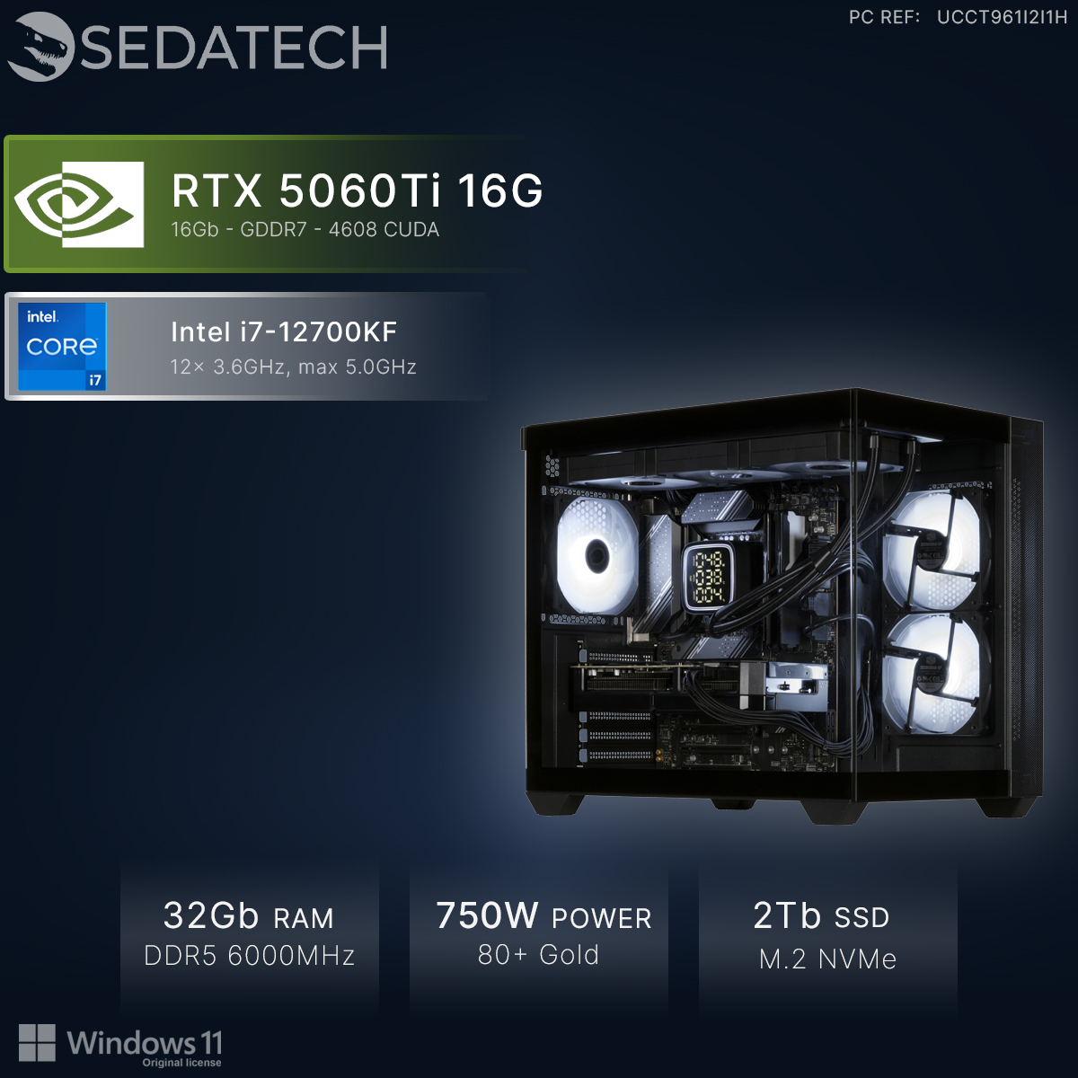 PC Sedatech con RTX 5060Ti, Intel i7-12700KF, 32GB RAM, 2TB SSD en carcasa negra.