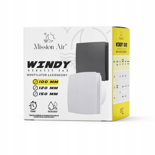 Opudko produktu wentylatora łazienkowego Mission Air Windy z opcjami rozmiarów na białym i żółtym tle.