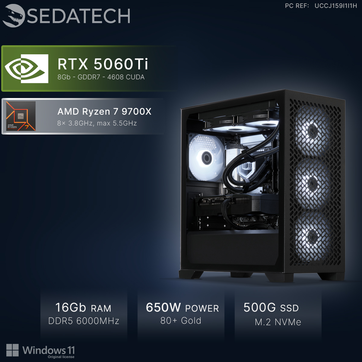 Sedatech PC mit RTX 5060Ti, AMD Ryzen 7 9700X, 16GB RAM und Windows 11.