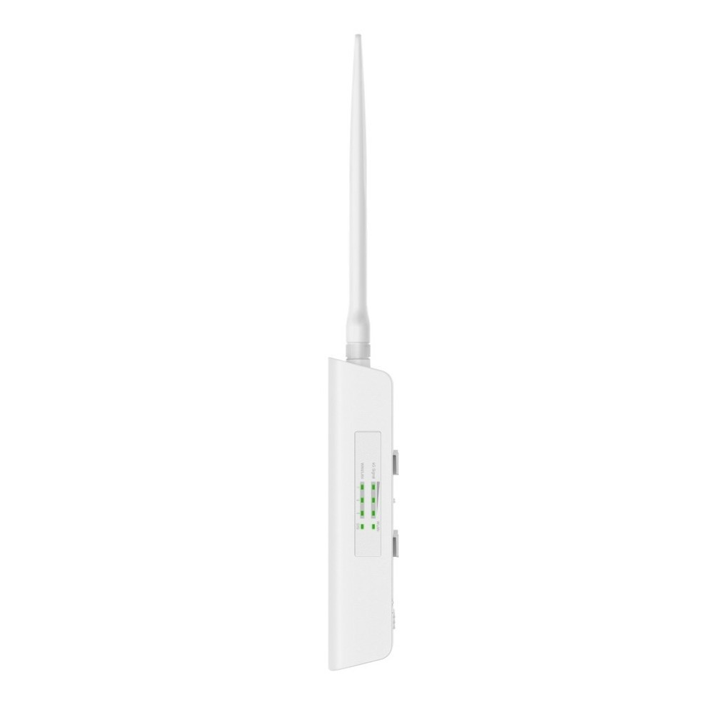 Biały router bezprzewodowy z jedną długą anteną pionową i zielonymi kontrolkami stanu.