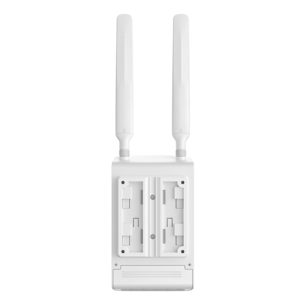 Biały, prostokątny router Wi-Fi z dwiema dużymi pionowymi antenami i wspornikiem montażowym z tyłu.