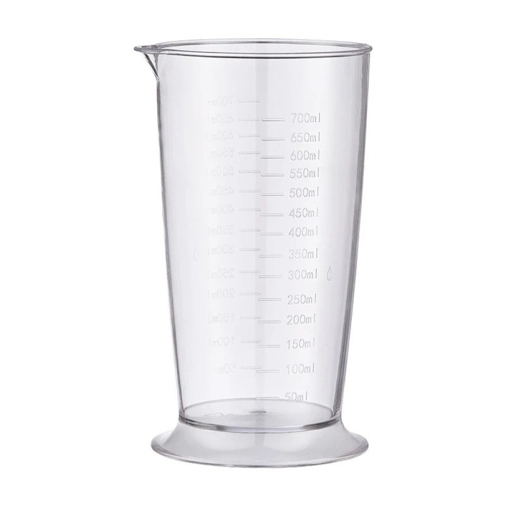 Przezroczysta plastikowa miarka z podziałką w mililitrach na białym tle.