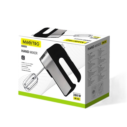 Scatola di imballaggio per un mixer a mano Maestro da 380W in nero e argento su sfondo bianco.