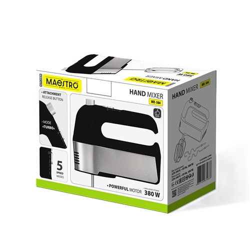 Scatola di imballaggio per un mixer a mano Maestro nero e argento da 380W su sfondo bianco.