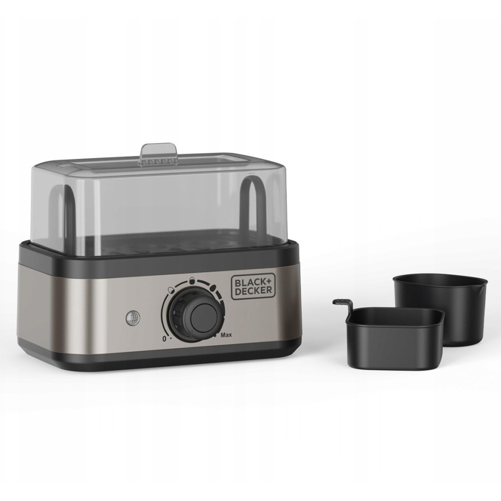 Elektryczny warznik do jajek Black+Decker z przezroczystą pokrywką i dwoma czarnymi kubeczkami.