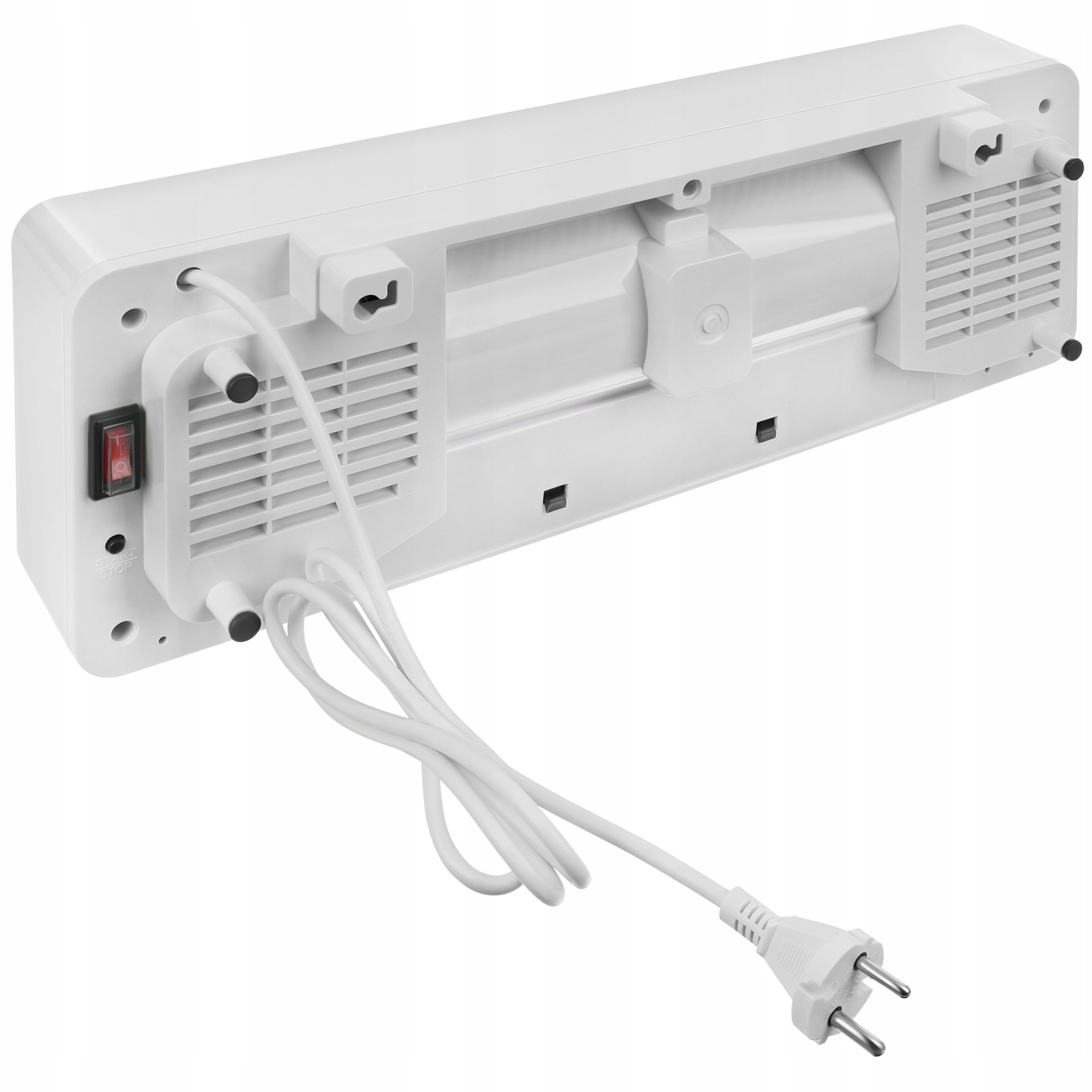 Spód białego urządzenia elektronicznego z gumowymi nóżkami, szczelinami wentylacyjnymi, włącznikiem i przewodem zasilającym.