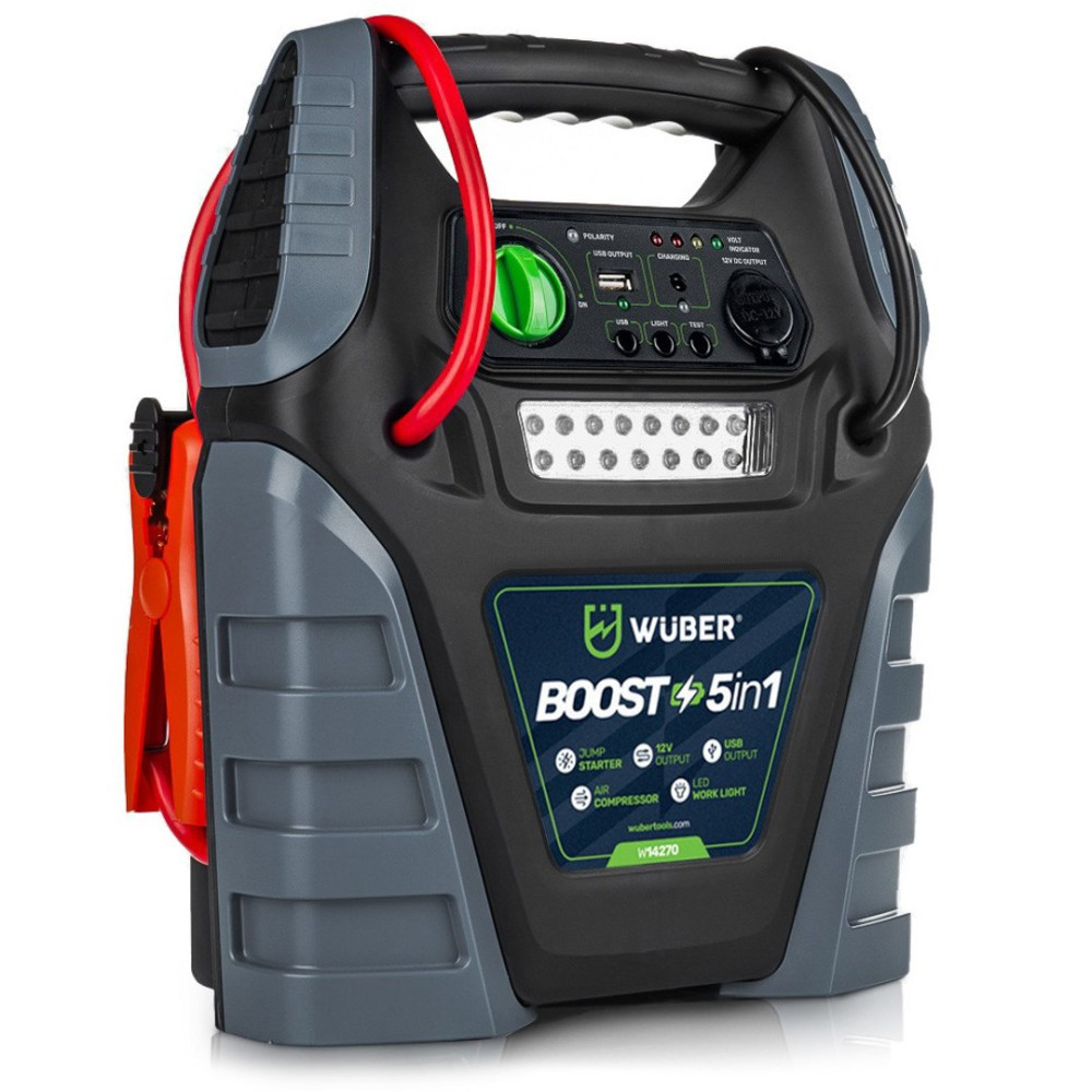 Urządzenie rozruchowe Wuber Boost 5in1 z wbudowaną lampą LED, kompresorem i portami USB na czarno-szarej obudowie.