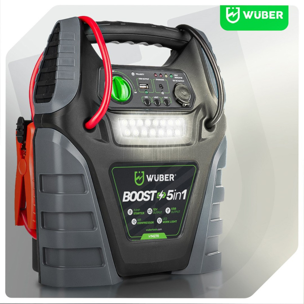 Urządzenie rozruchowe Wuber Boost 5in1 z wbudowaną lampą LED, kompresorem i kablami rozruchowymi.
