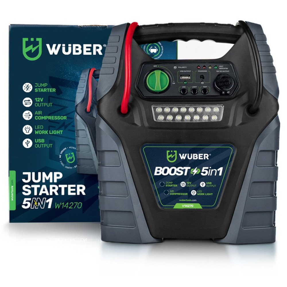 Urządzenie rozruchowe Wuber Boost 5in1 w kolorze czarnym i szarym przed niebieskim opakowaniem, z lampą LED.