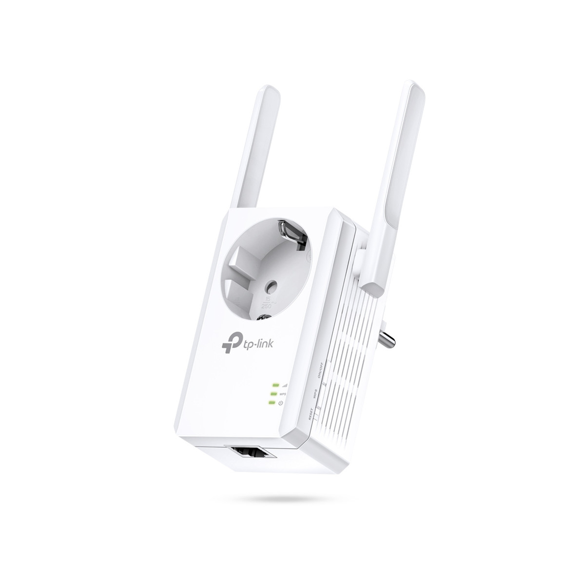 Biały wzmacniacz sygnału Wi-Fi TP-Link z dwiema antenami, wbudowanym gniazdkiem i portem Ethernet.