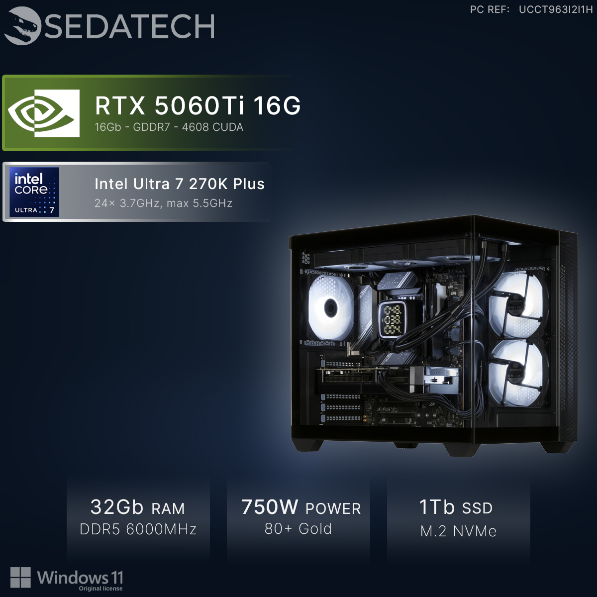 PC Sedatech con RTX 5060Ti, Intel Ultra 7, 32GB RAM, fuente 750W y SSD 1TB sobre fondo oscuro.