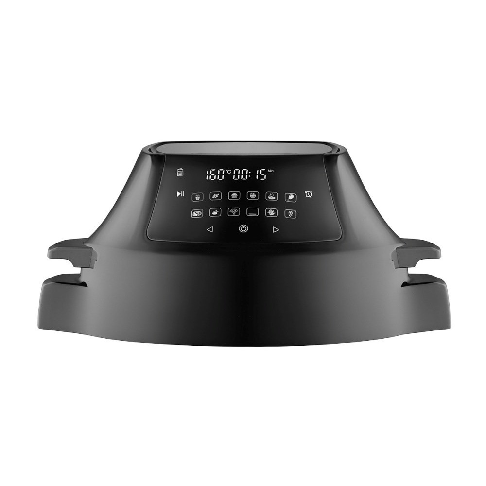 Czarna, nowoczesna pokrywa frytkownicy beztłuszczowej z panelem cyfrowym na białym tle.