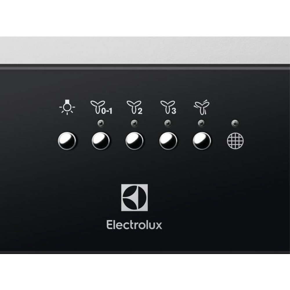 Panel sterowania okapu Electrolux z pięcioma okrągłymi przyciskami, ikonami i białym logo na dole.